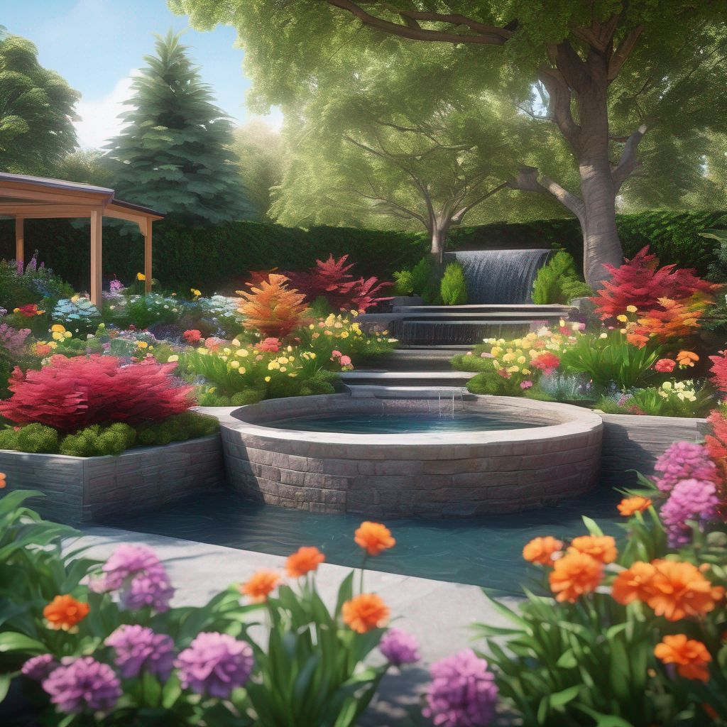 peaceful garden with water features and colorful flowers