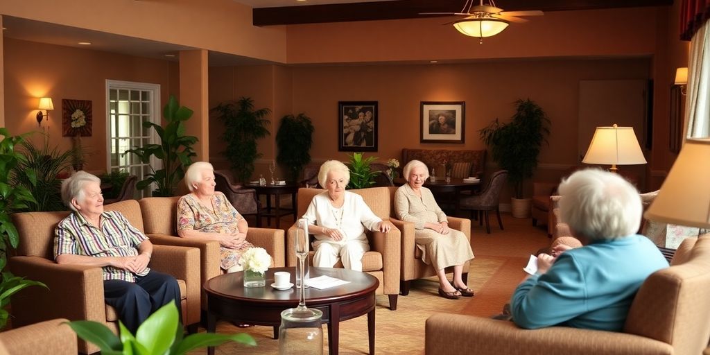 Interior acolhedor de casa de repouso com idosos.