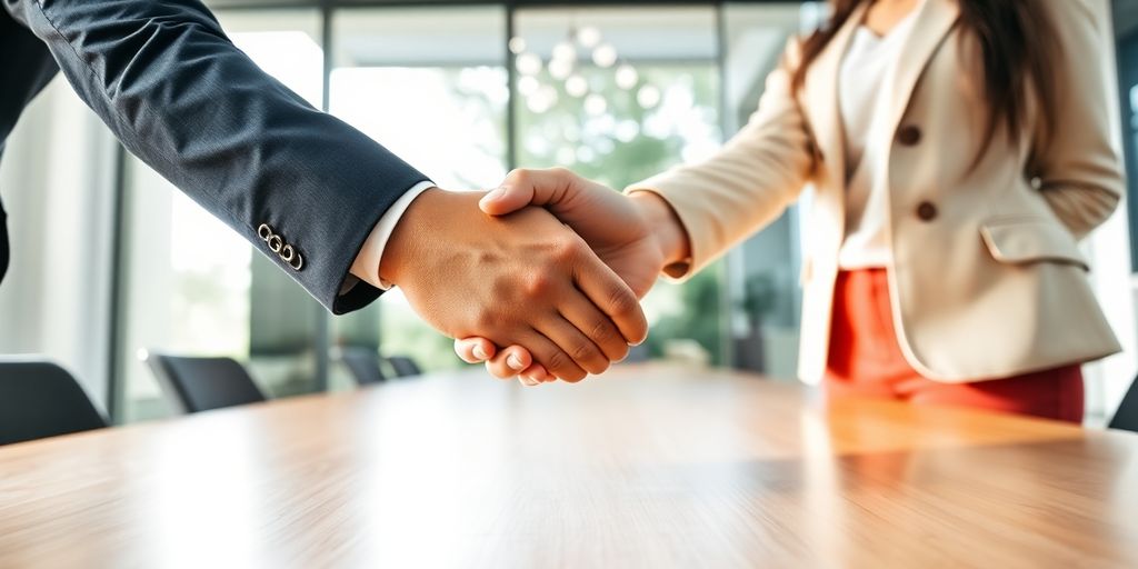 Professional handshake sealing commercial real estate deal.