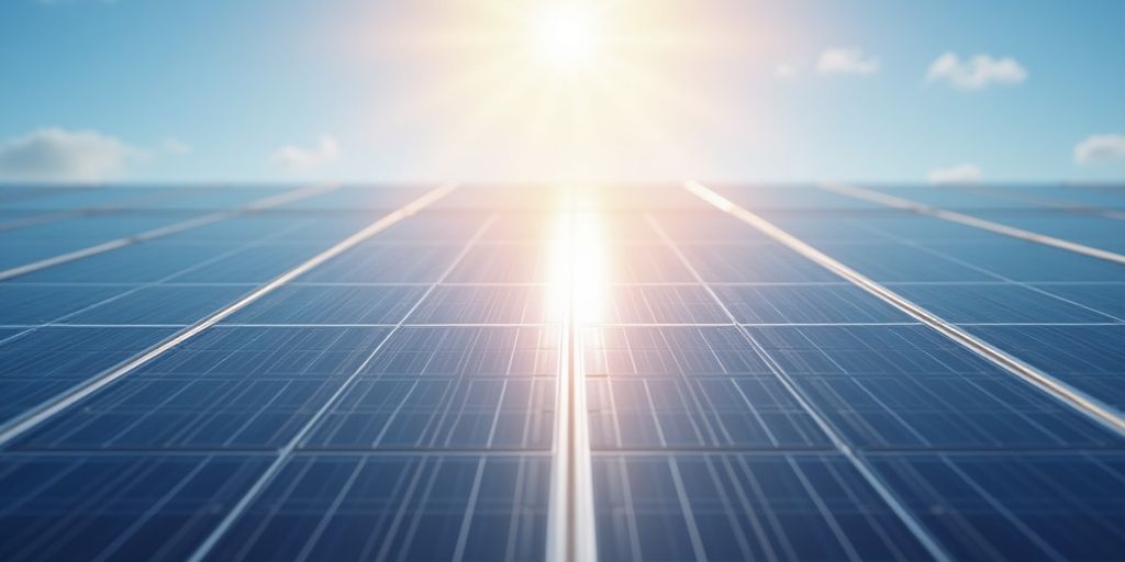 Solar panels with anti-reflective coating under bright sunlight.