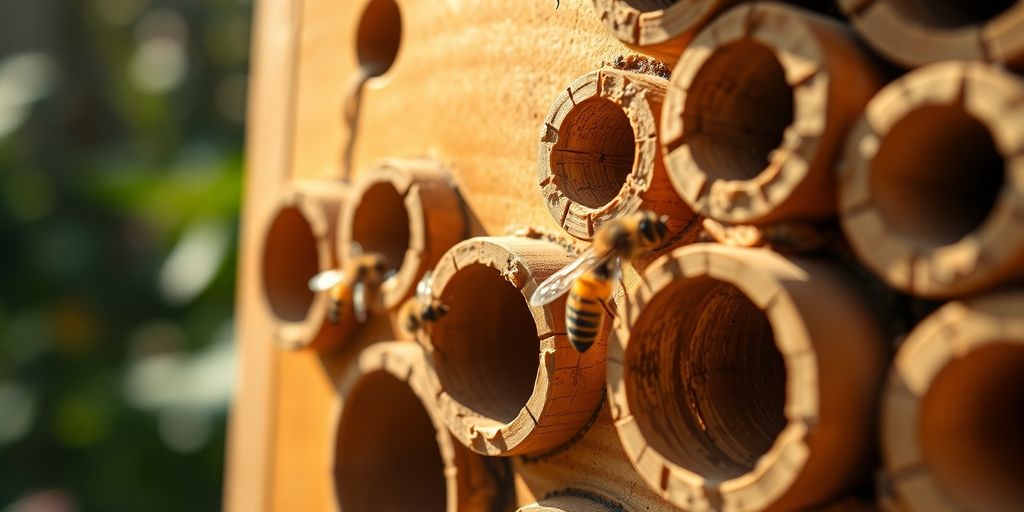 Nahaufnahme eines Holz-Bienenhotels mit verschiedenen Röhren