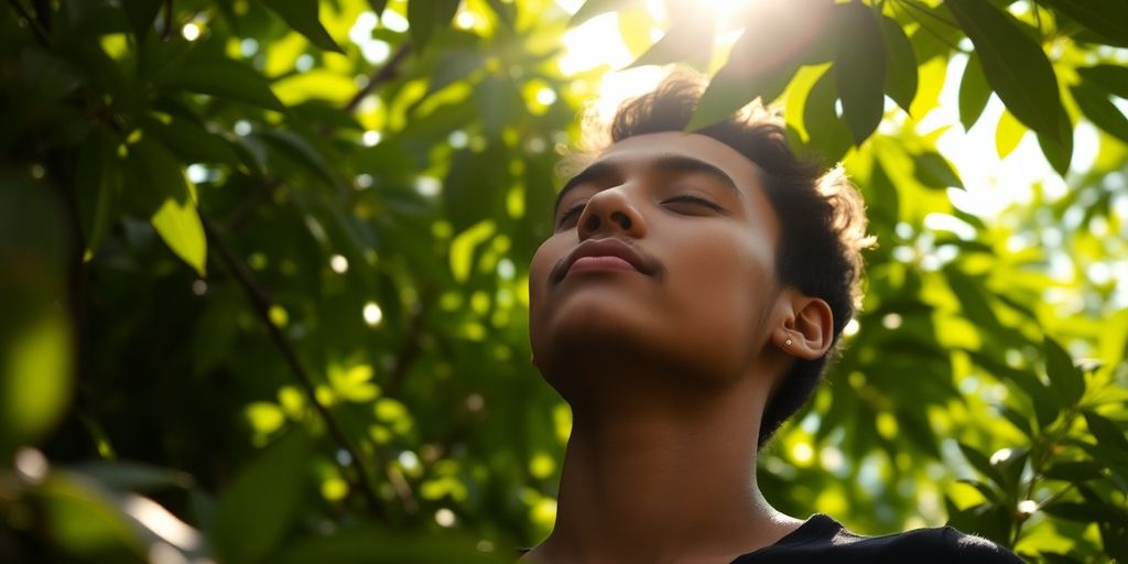Person meditating peacefully in a serene natural setting.