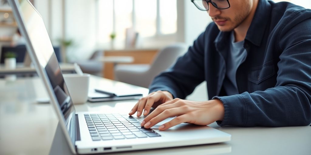 Person logging into a laptop in a modern workspace.