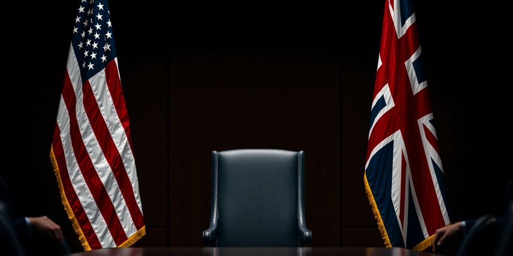 Flags of US and UK with empty chair at summit.