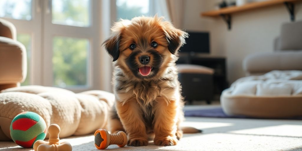 Happy puppy indoors with toys and bed.