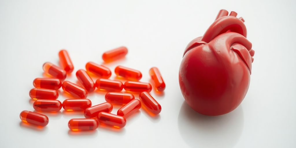 CoQ10 capsules and a heart.