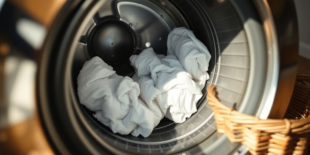 Vintage washing machine with open rotating drum and laundry inside.