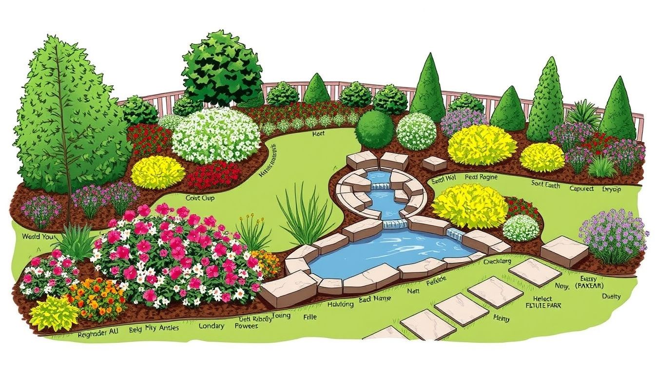 Illustrative garden with diverse landscaping elements