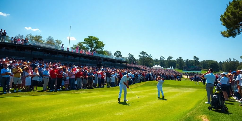 Golf players competing on a sunny PGA Tour course.