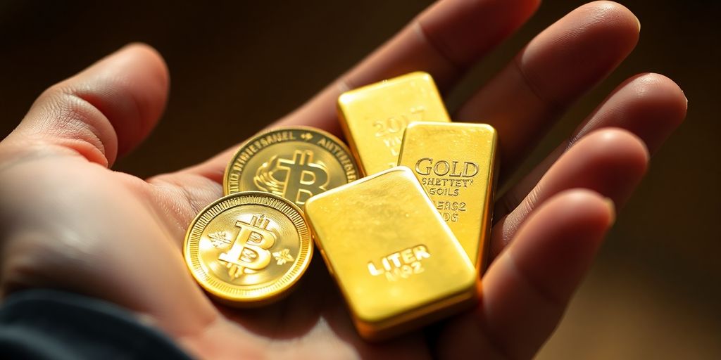 Une main tenant une pièce d'or scintillante.