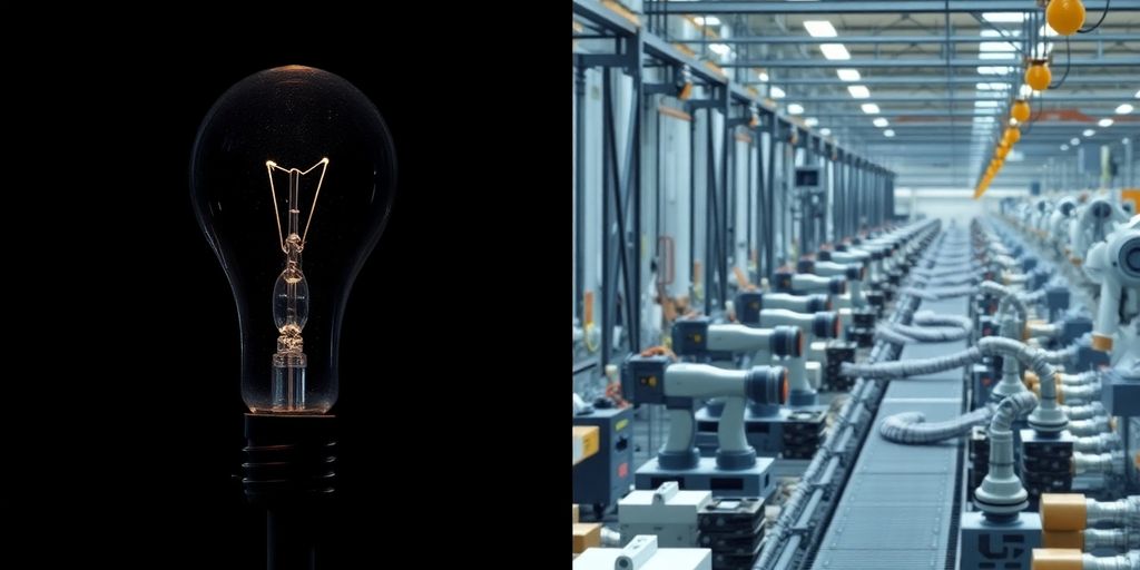 Lightbulb next to a factory assembly line.