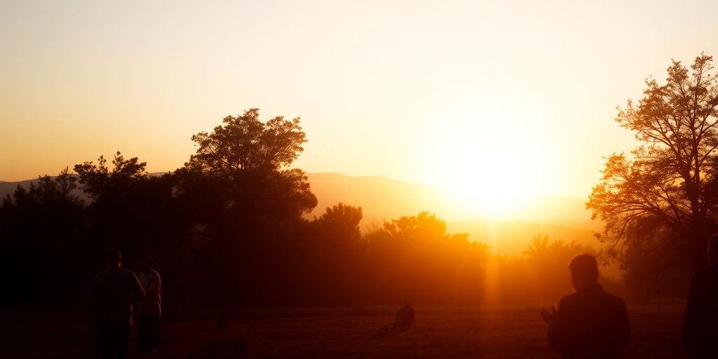 Silhouettes of people praying in a tranquil landscape.