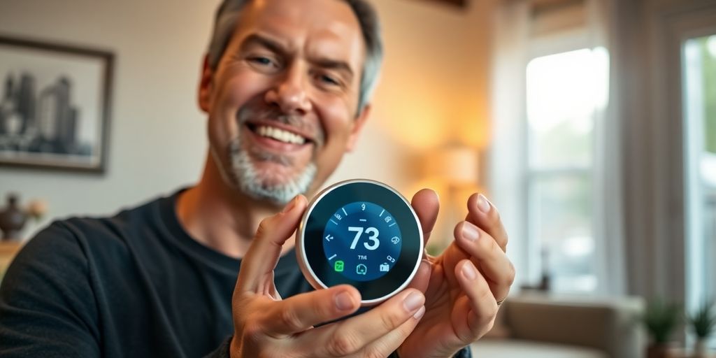 Man smiling, holding thermostat.