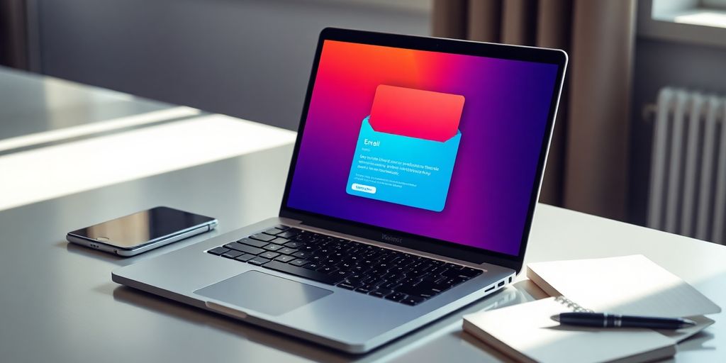 Modern workspace with laptop and colorful email footer.