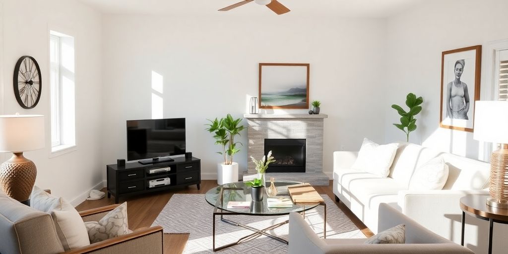 Modern remodeled living room with elegant decor and furniture.