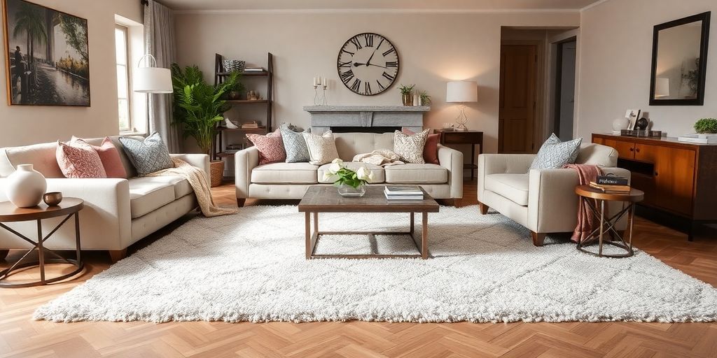 Stylish living room with a plush area rug.