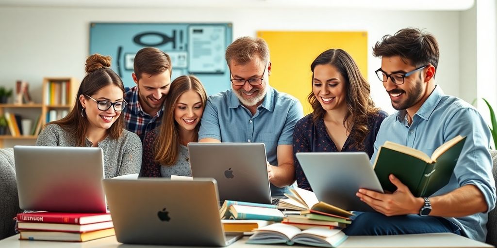 Adults learning languages online with laptops and books.