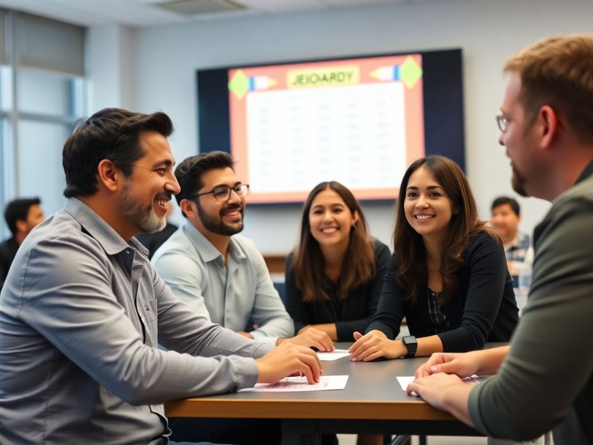 Adults enjoying an ESL Jeopardy game in class.