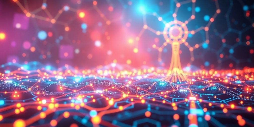 Futuristic digital landscape with AI elements and networks.