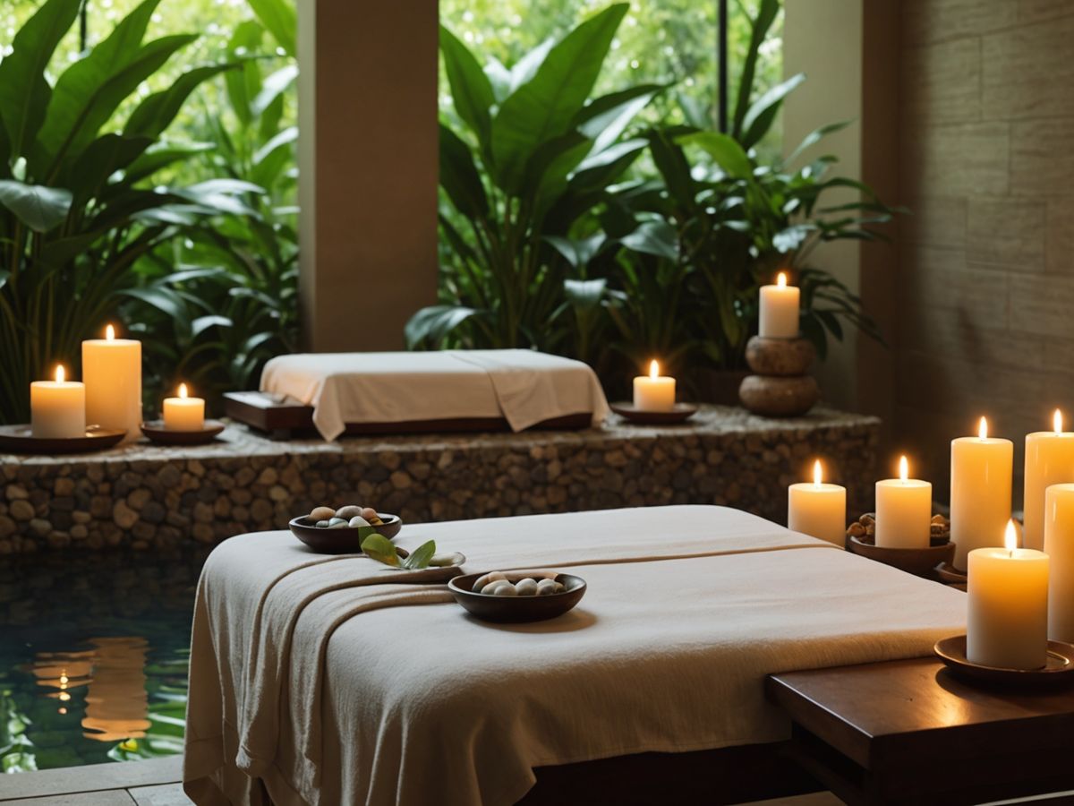 Serene spa with massage table and calming elements.