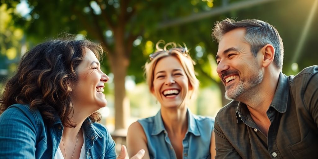 Friends smiling, sharing happy moment together.