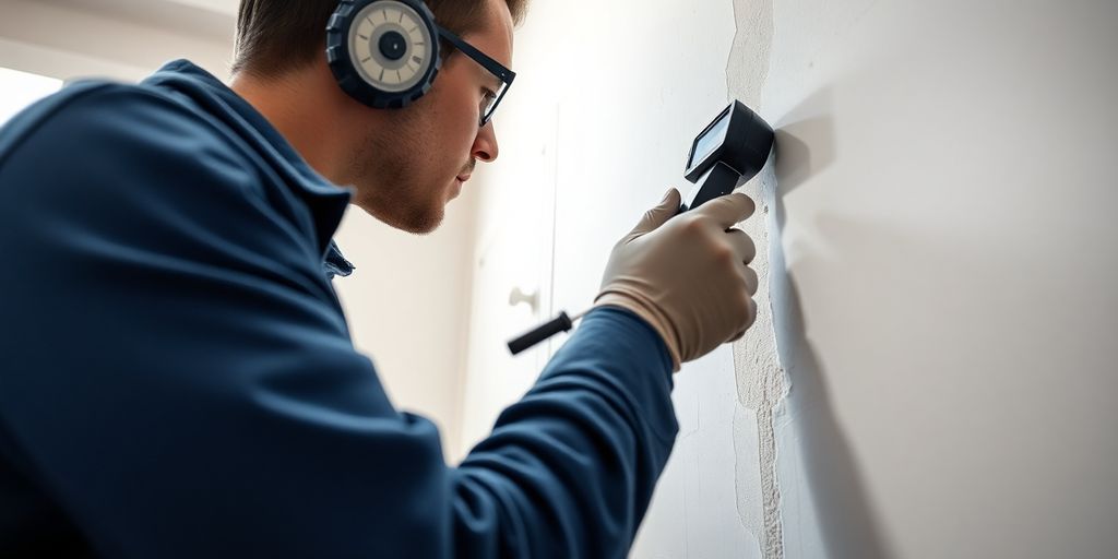 Technician inspecting damp walls with moisture detection tools.