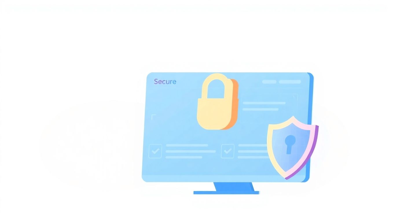 Sikker nettside med skjold og lås i myke farger.