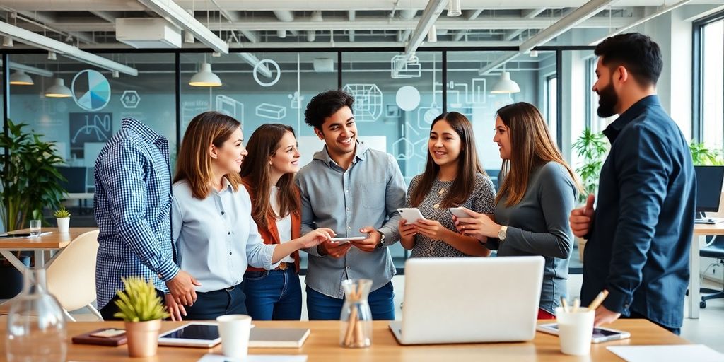 Group of entrepreneurs brainstorming in a modern office.