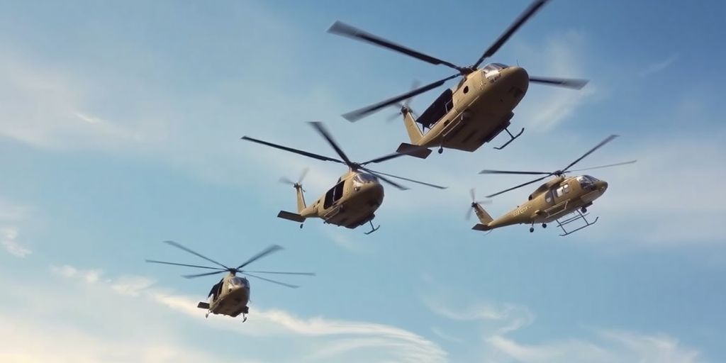 Three vintage 1960s American helicopters flying together against a sky.