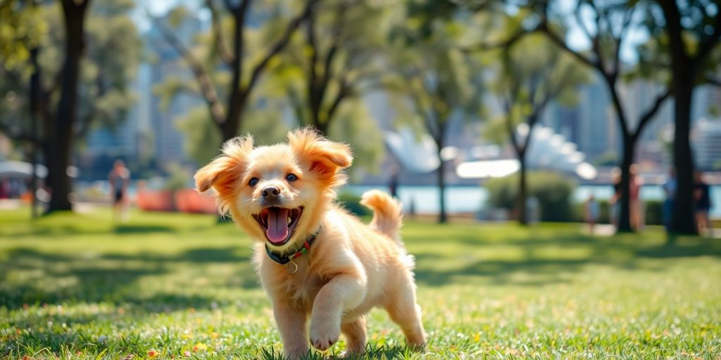 Happy puppy playing with owner in Sydney park.
