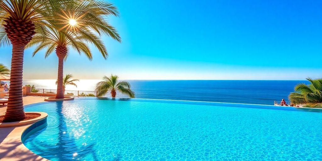 Luxurious infinity pool overlooking Cabo coastline.