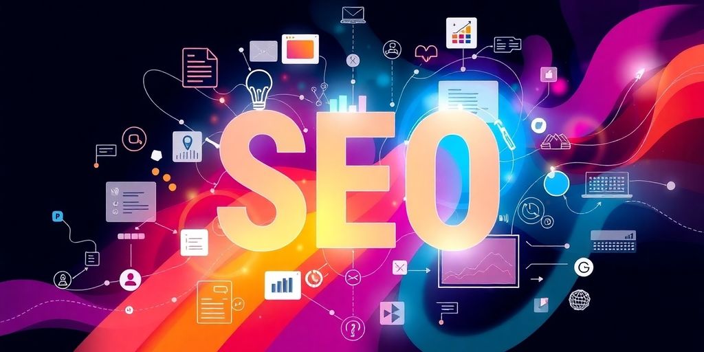 Colorful web design and SEO elements combined visually.