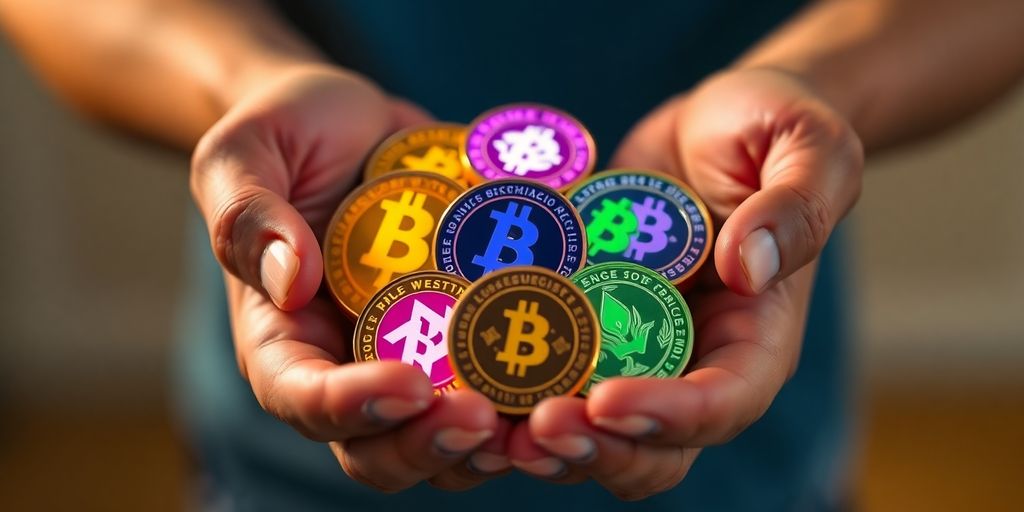 Mãos segurando moedas digitais coloridas.