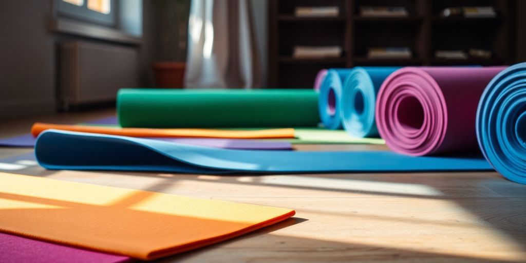 Colorful yoga mats on a wooden floor for workouts.