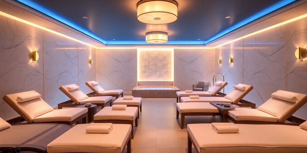 Luxurious spa treatment room with plush seating and soft lighting.