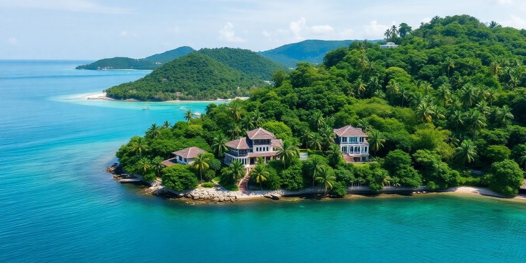 Phuket coastline with luxury villas and tropical greenery.