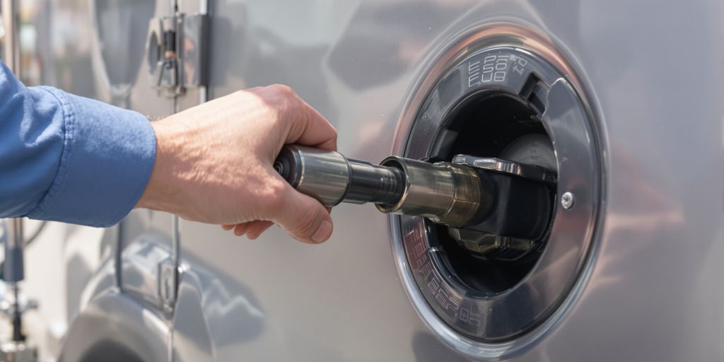 Truck driver observing fuel pump and security lock.