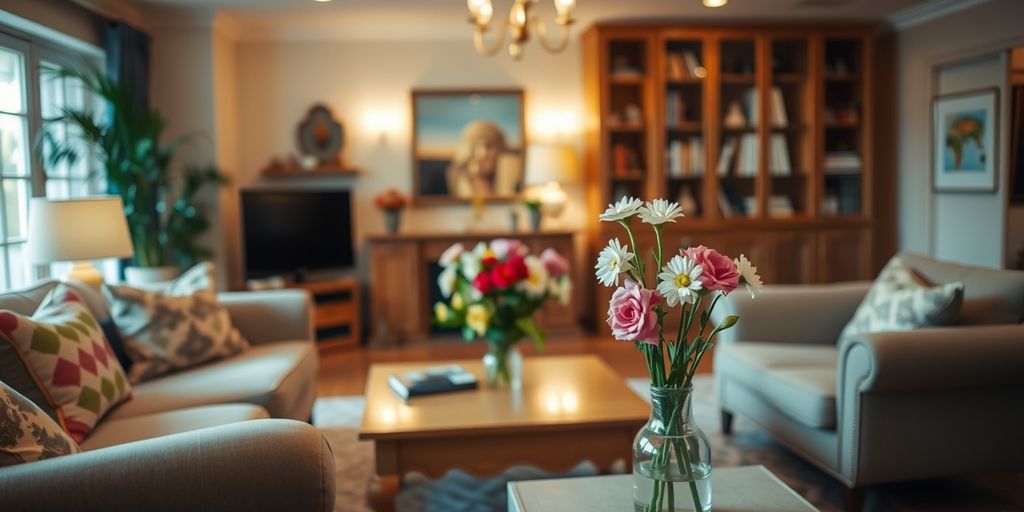 Cozy living room with flowers on coffee table