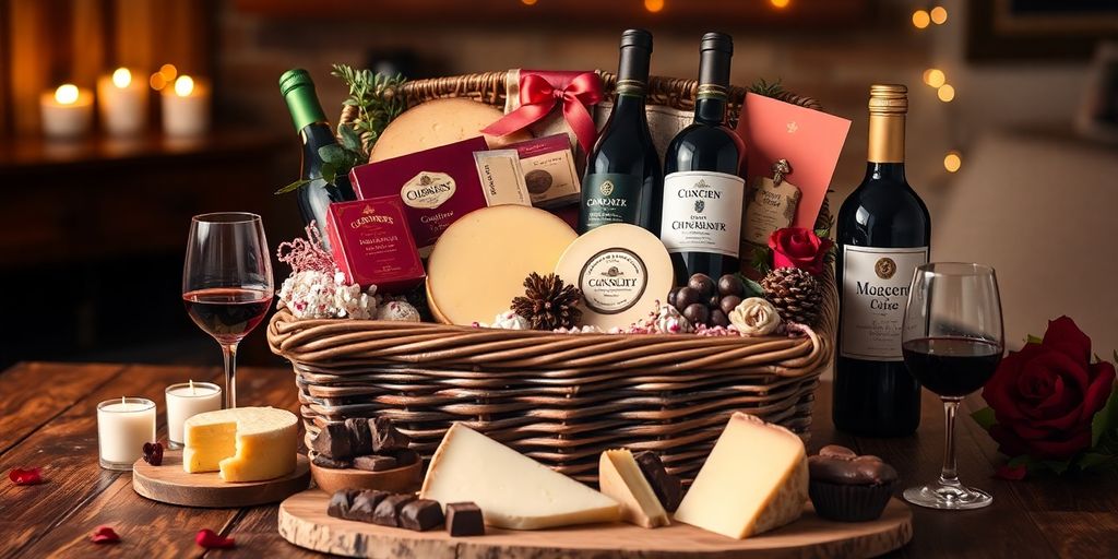 Gourmet gift basket for a foodie boyfriend on Valentine's Day.