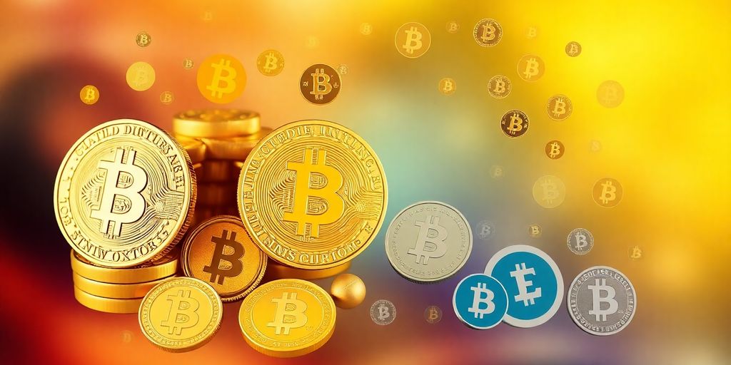 Collage de pièces d'or et de cryptomonnaies.