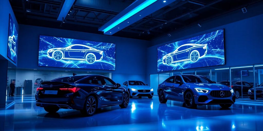 Futuristic automotive dealership with glowing digital interfaces.