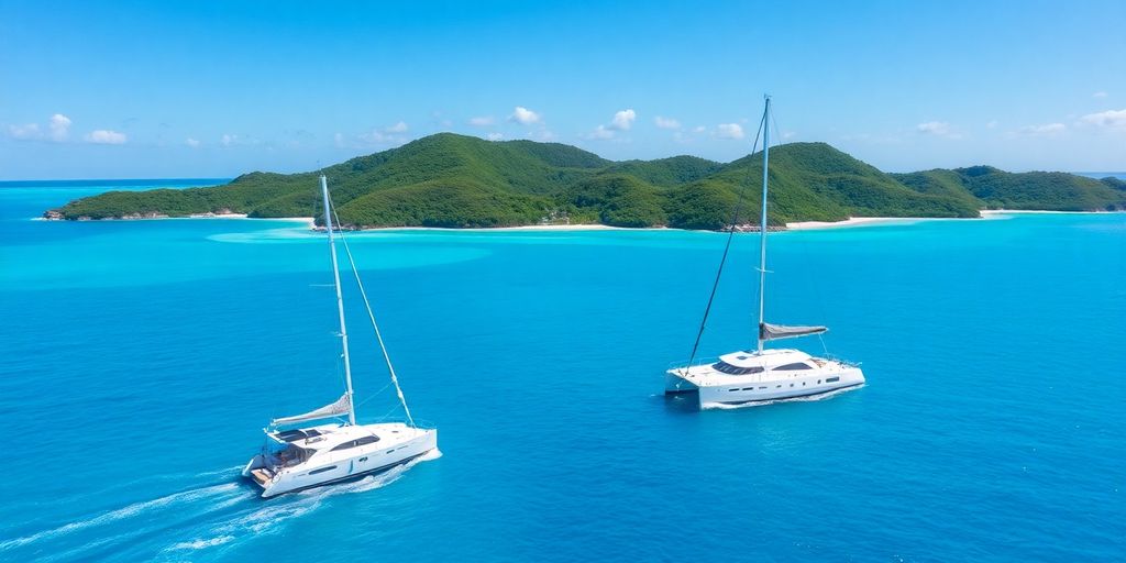 Sailboat on blue water near tropical island.