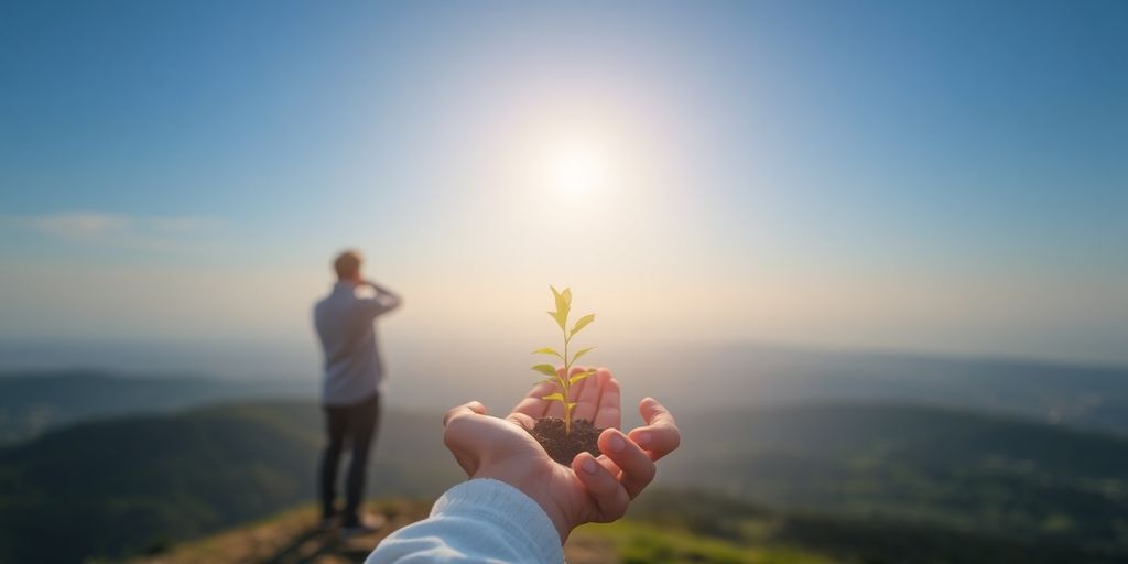 Investor looking at a distant horizon, holding a seedling.