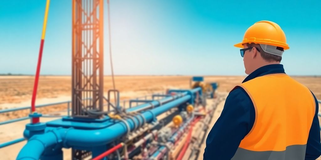 Petroleum engineer monitoring oil rig completion