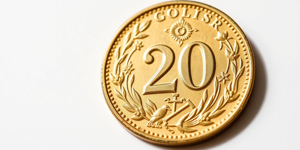 Pièce de 20 dollars or ancienne, gros plan sur ses détails.