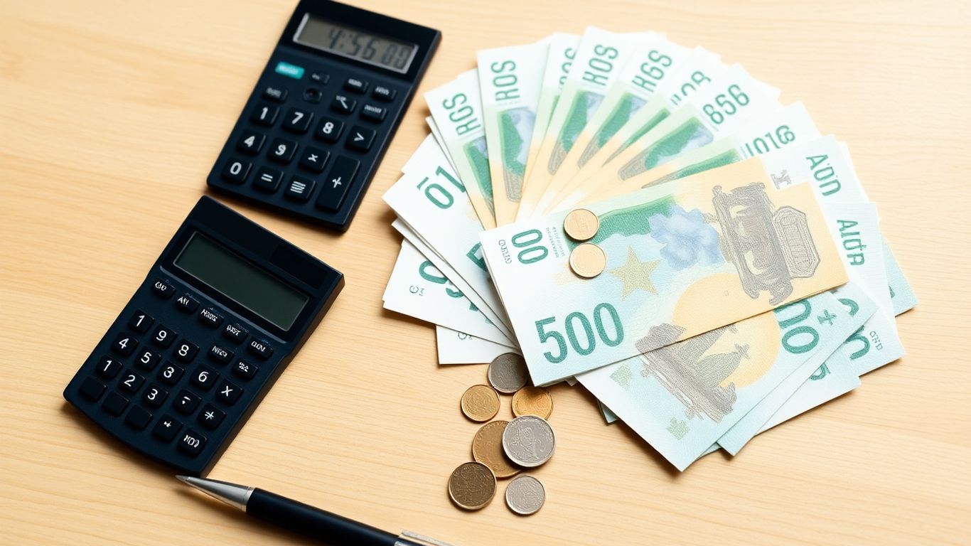 Australian money, calculator and pen on a wooden desk