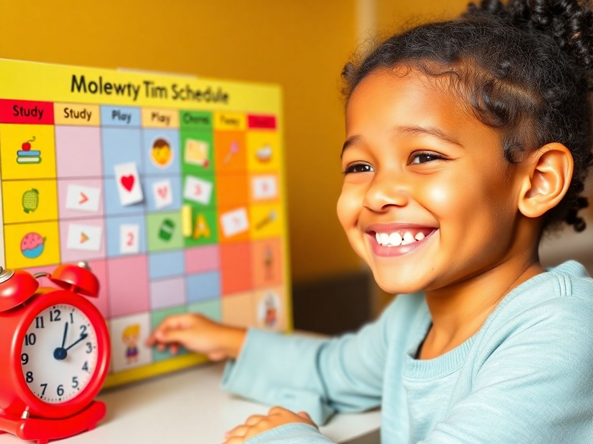 Copil zâmbitor organizând sarcini pe panou vizual colorat, ceas lângă.