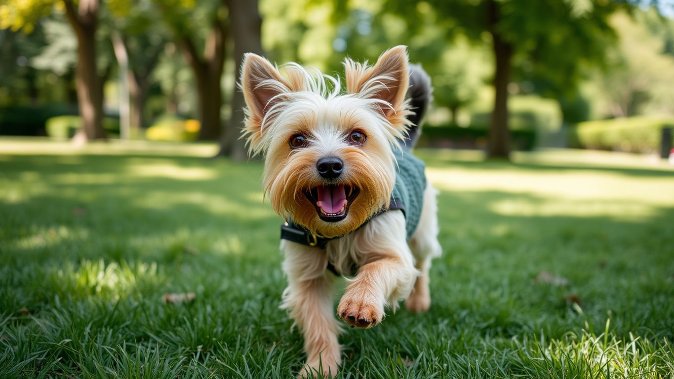 Norwich Terrier playing in a sunny park.
