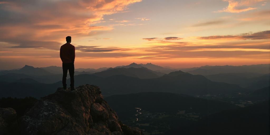 Man on mountain peak at sunrise, symbolizing personal growth.