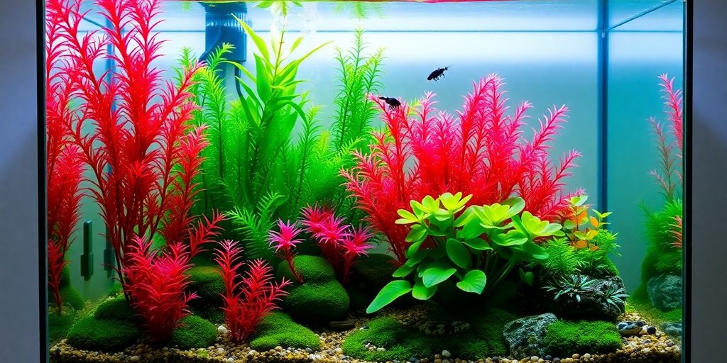 黑虾水族箱，配有植物和时尚柜子。